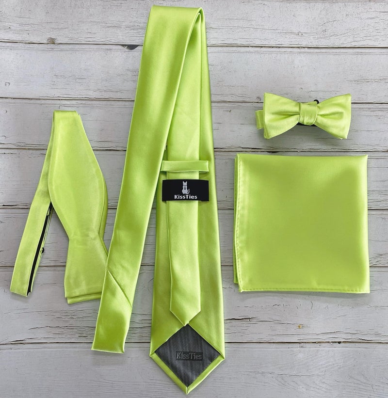 KissTies Mens Lime Green Tie Satin Meadow Necktie + Gift Box - Image 4